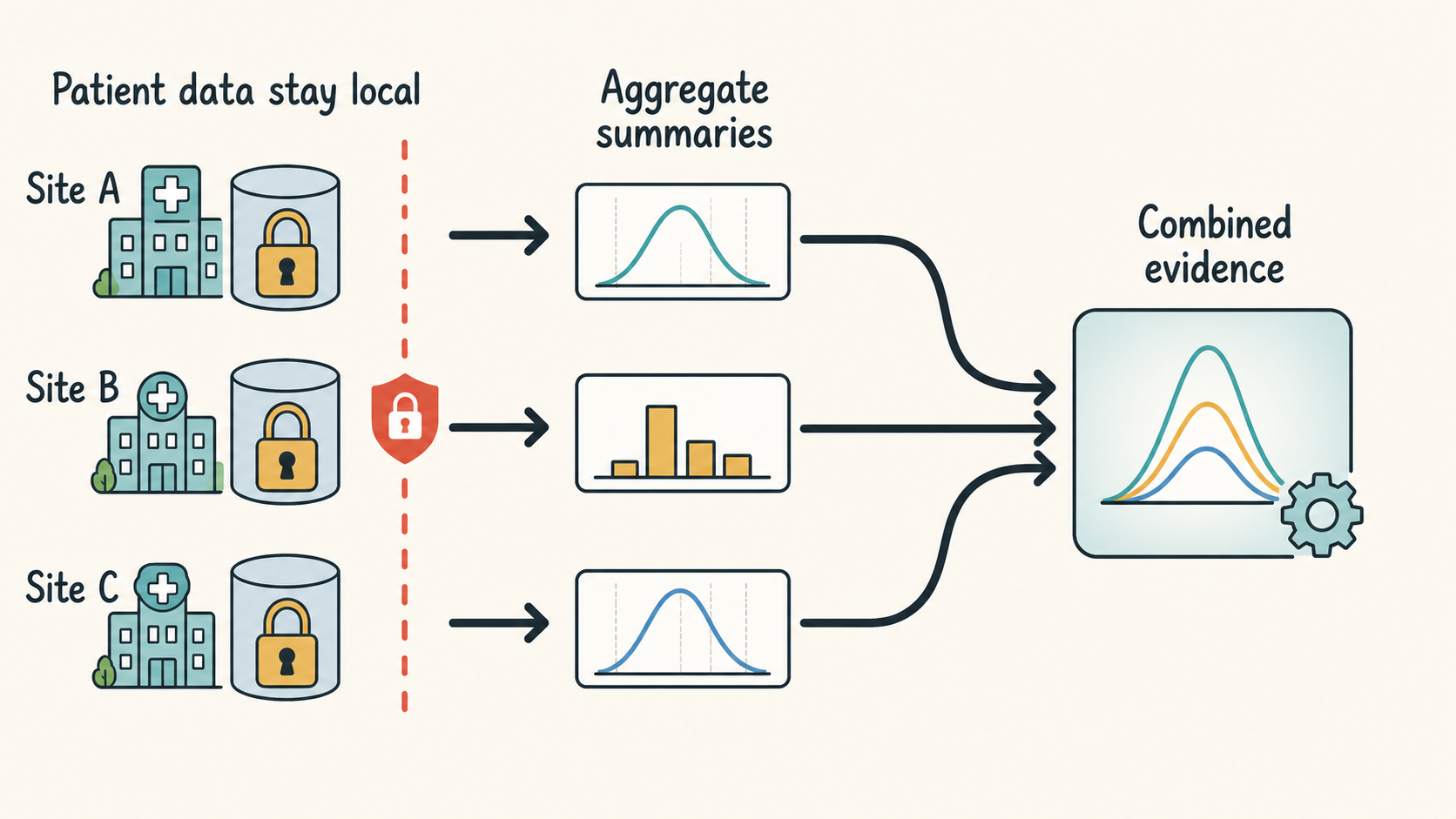 Patient data remain private at healthcare sites while aggregate summaries are combined into shared evidence.